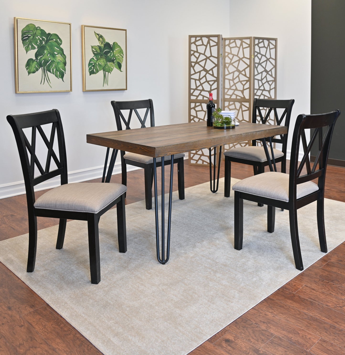 Roundhill Furniture Arroyo Dining Set, Hairpin Dining Table with 4 Cross-back Chairs, Rich Black, 5-Piece