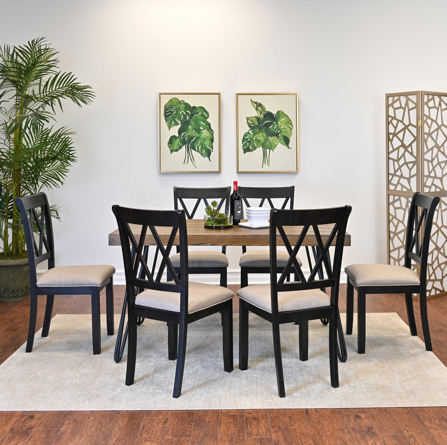 Roundhill Furniture Arroyo Dining Set, Hairpin Dining Table with 6 Cross-back Chairs, Rich Black, 7-Piece