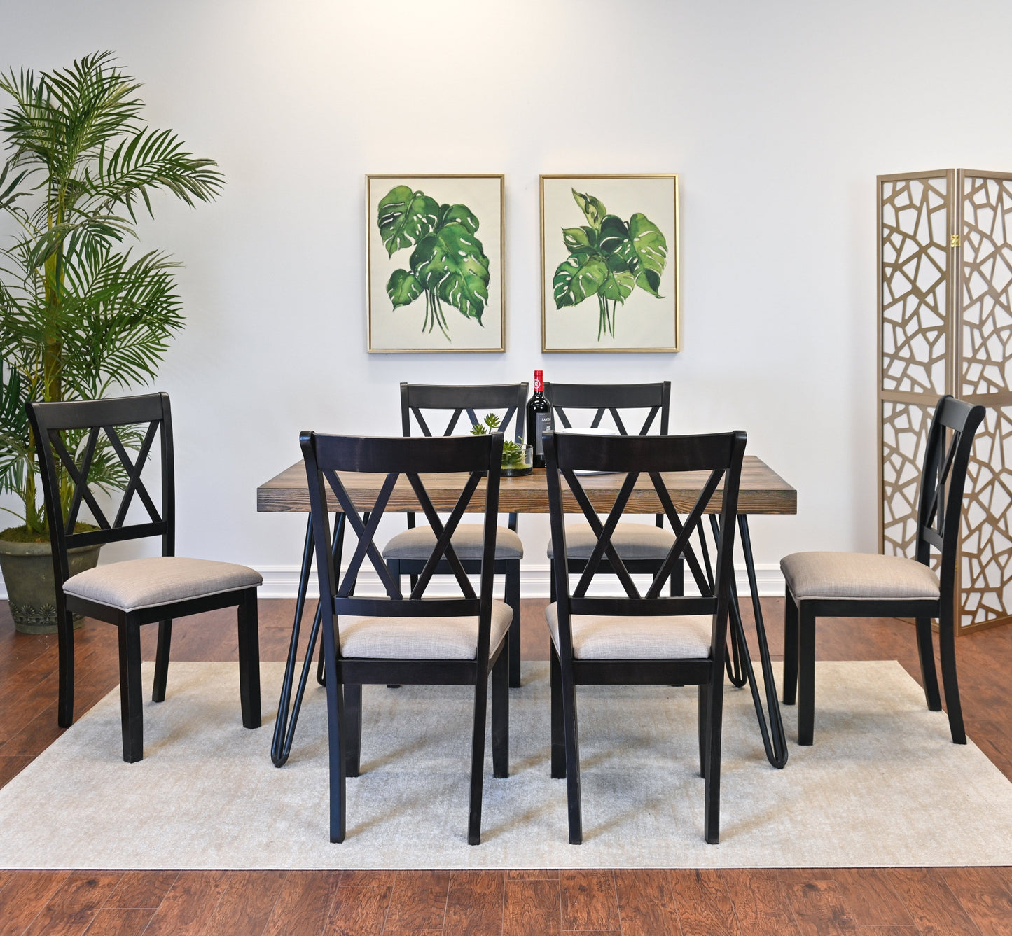 Roundhill Furniture Arroyo Dining Set, Hairpin Dining Table with 6 Cross-back Chairs, Rich Black, 7-Piece