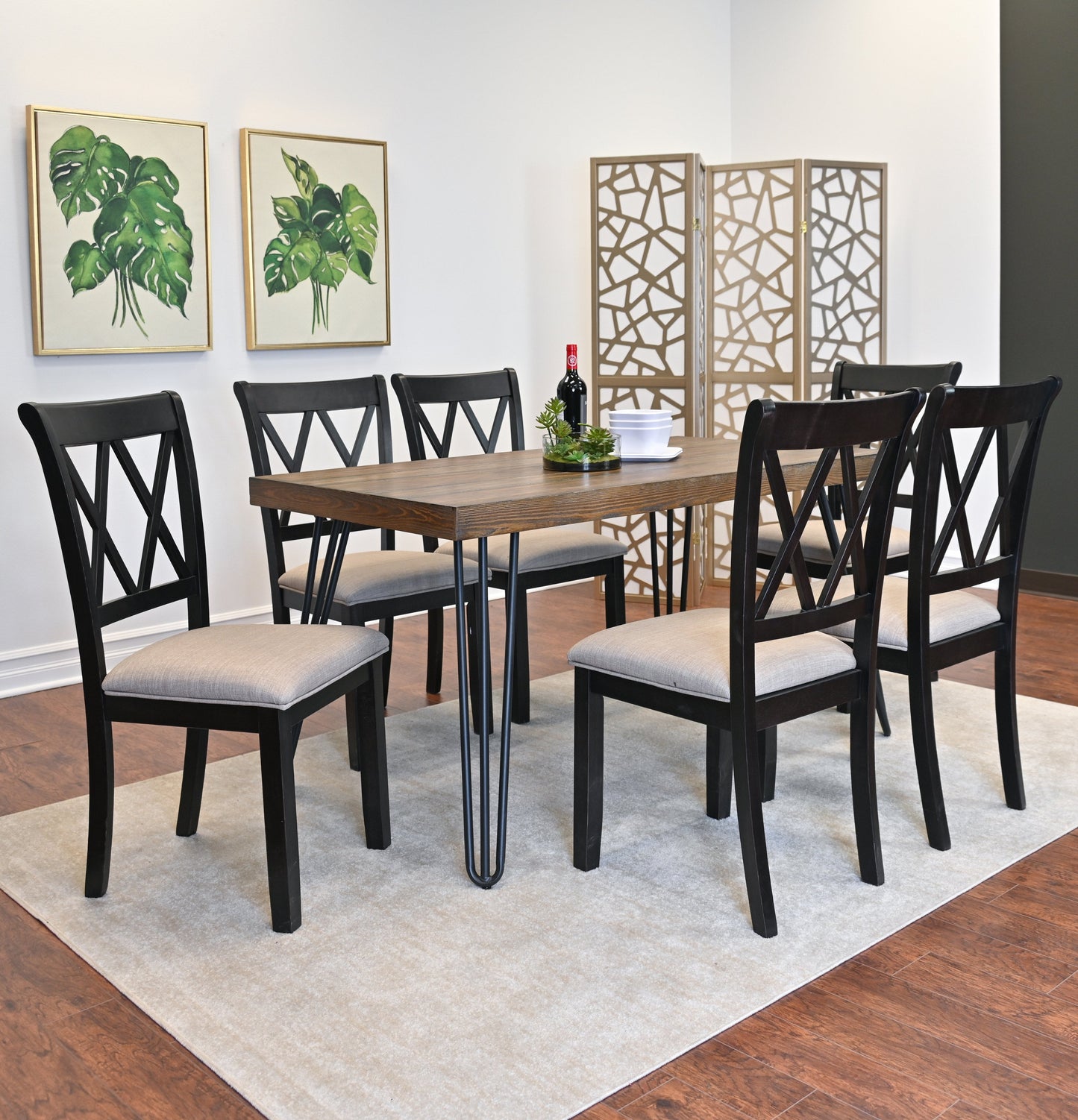 Roundhill Furniture Arroyo Dining Set, Hairpin Dining Table with 6 Cross-back Chairs, Rich Black, 7-Piece