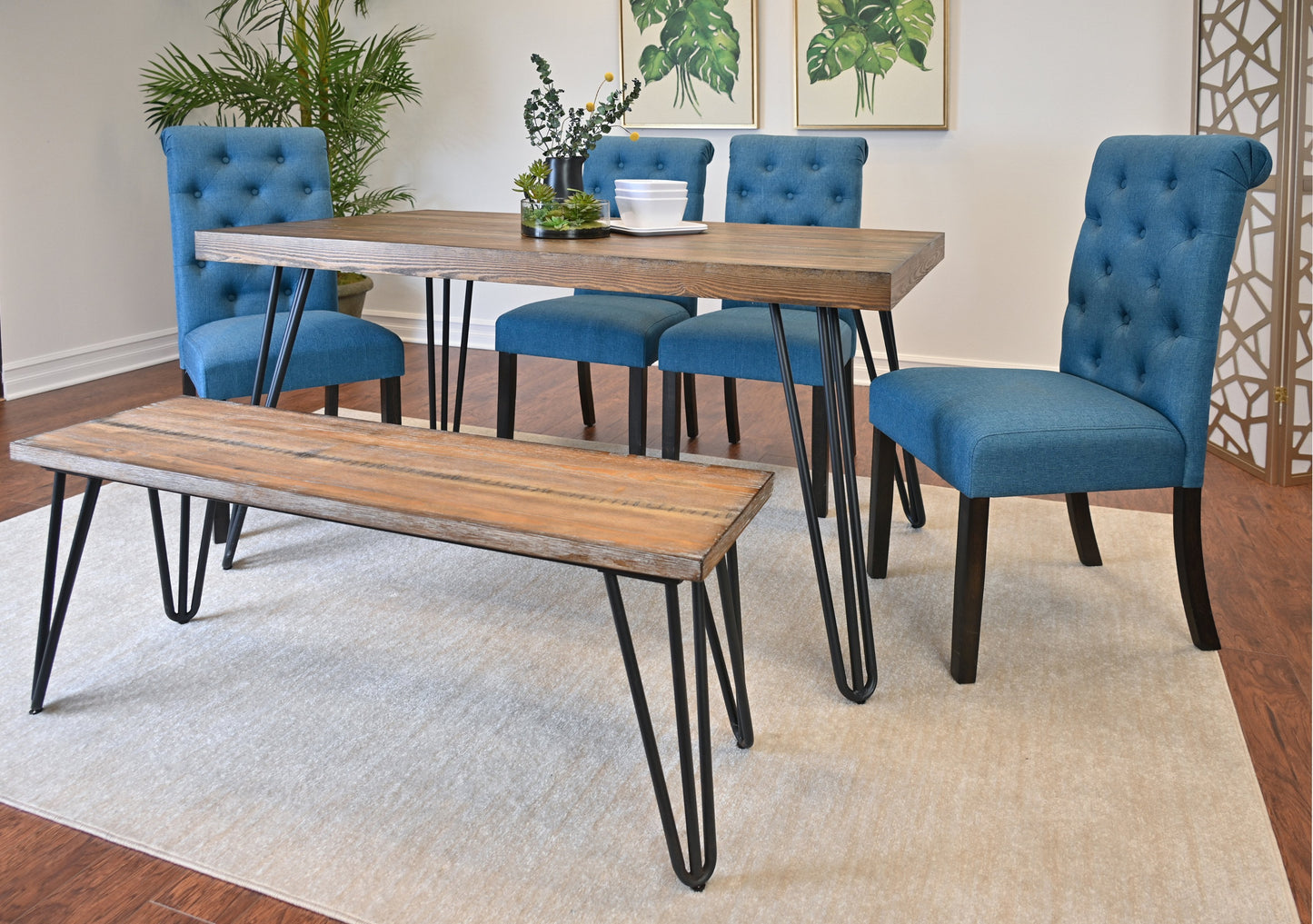 Roundhill Furniture Ashford Dining Set, Hairpin Dining Table with 4 Chairs and Bench, 6-Piece