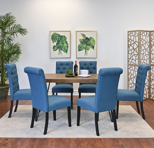 Roundhill Furniture Ashford Dining Set, Hairpin Dining Table with 6 Chairs, Blue, 7-Piece