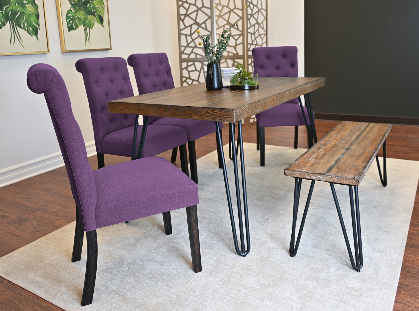 Roundhill Furniture Ashford Dining Set, Hairpin Dining Table with 4 Chairs and Bench, 6-Piece