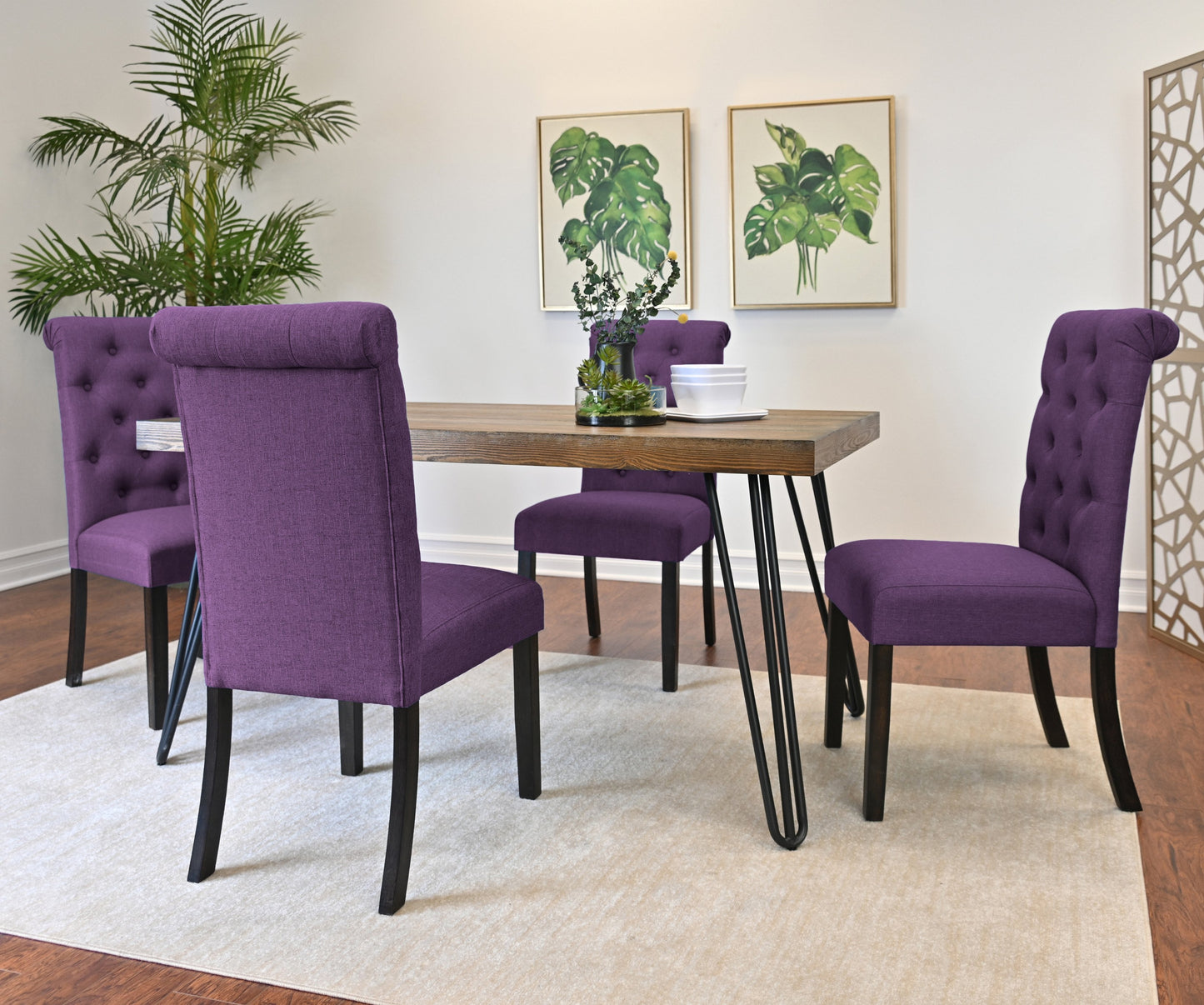 Roundhill Furniture Ashford Dining Set, Hairpin Dining Table with 4 Chairs and Bench, 6-Piece