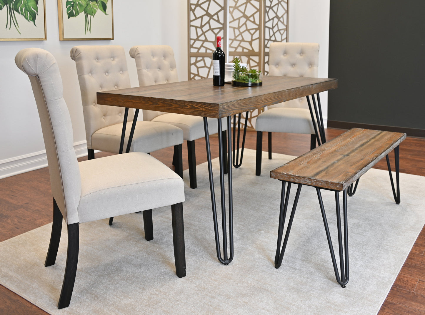 Roundhill Furniture Ashford Dining Set, Hairpin Dining Table with 4 Chairs and Bench, 6-Piece